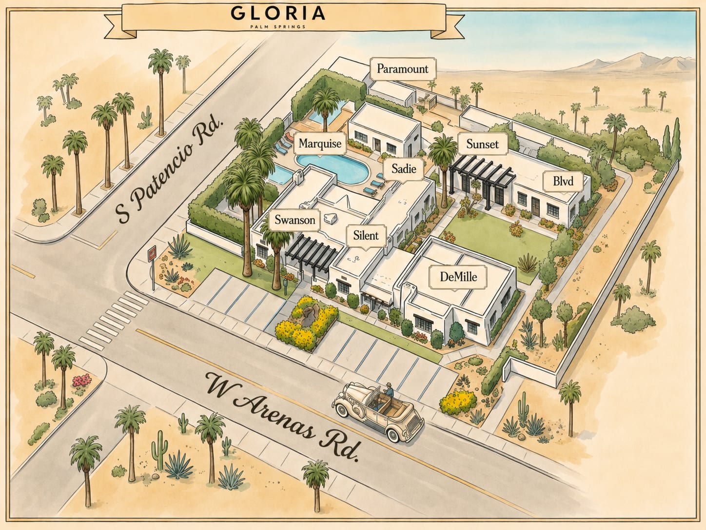 Illustrated map of the Gloria Palm Springs estate with each room labeled (Swanson, DeMille, Marquise, Paramount, Sunset, Boulevard, Sadie, and Silent) at W Arenas Road and S Patencio Road