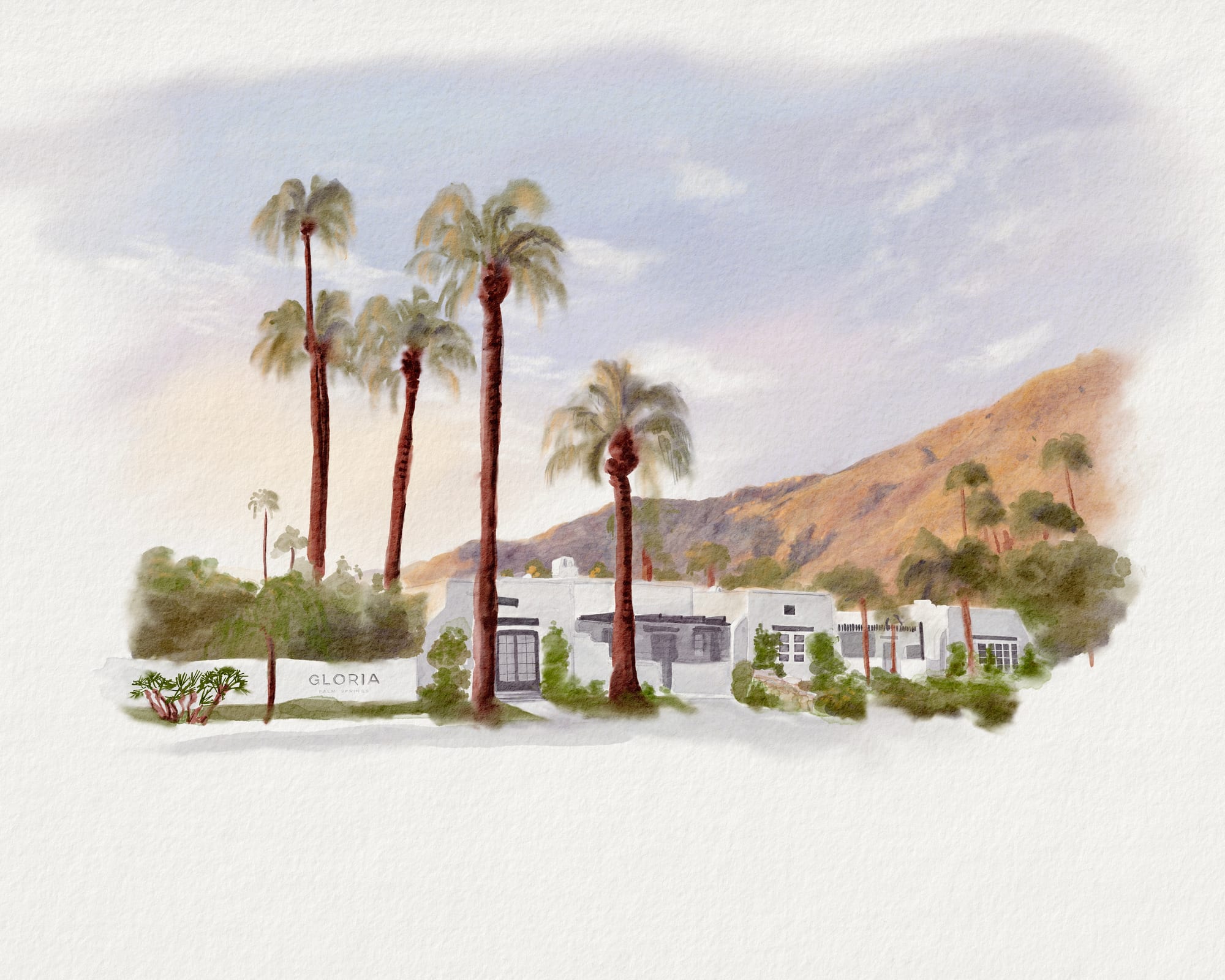 Watercolor painting of Gloria Palm Springs: the white Pueblo-Revival buildings beneath palms and the San Jacinto foothills